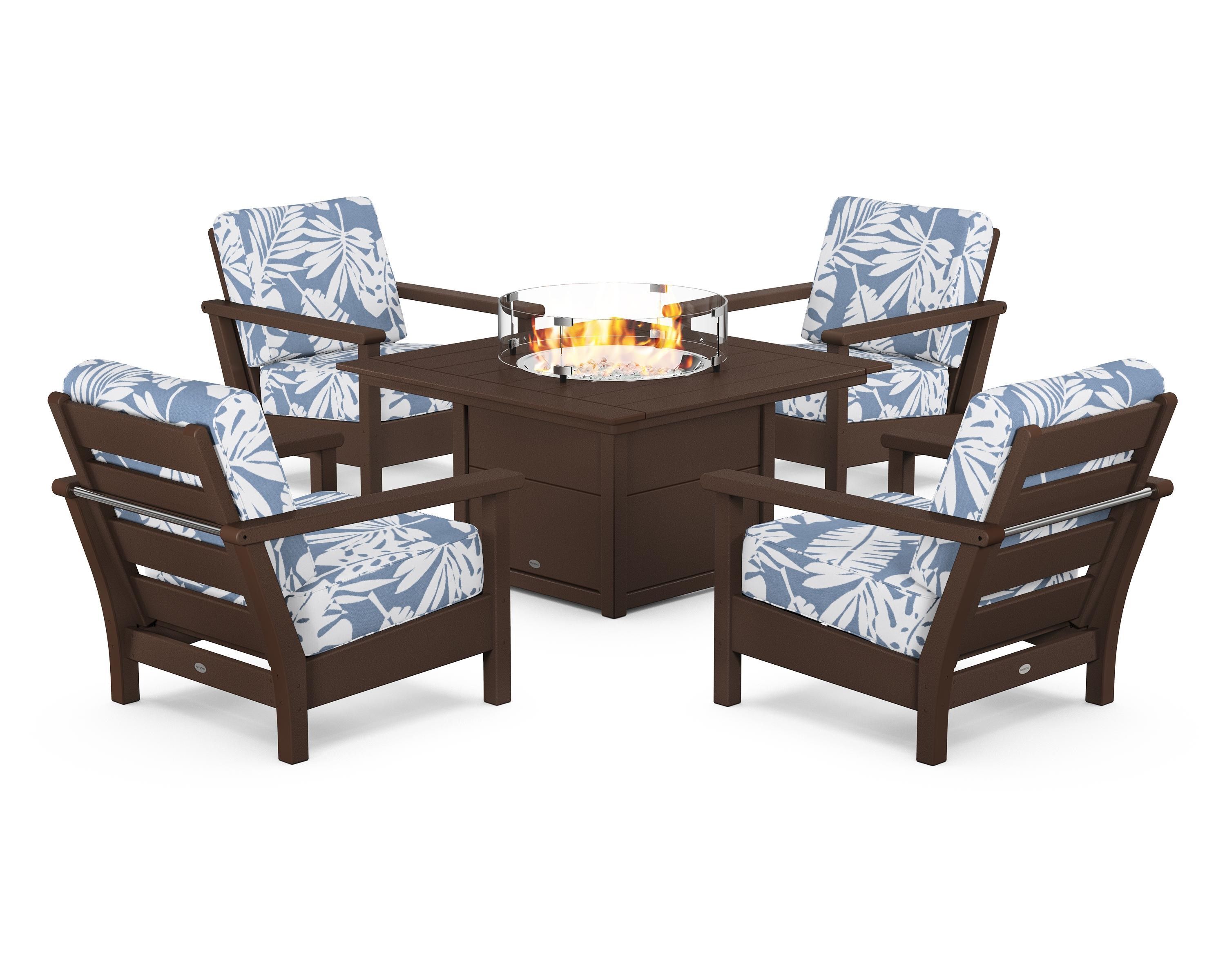 POLYWOOD® Harbour 5-Piece Conversation Set with Fire Pit Table in Mahogany / Leaf Sky Blue