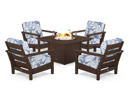 POLYWOOD® Harbour 5-Piece Conversation Set with Fire Pit Table in Mahogany / Leaf Sky Blue