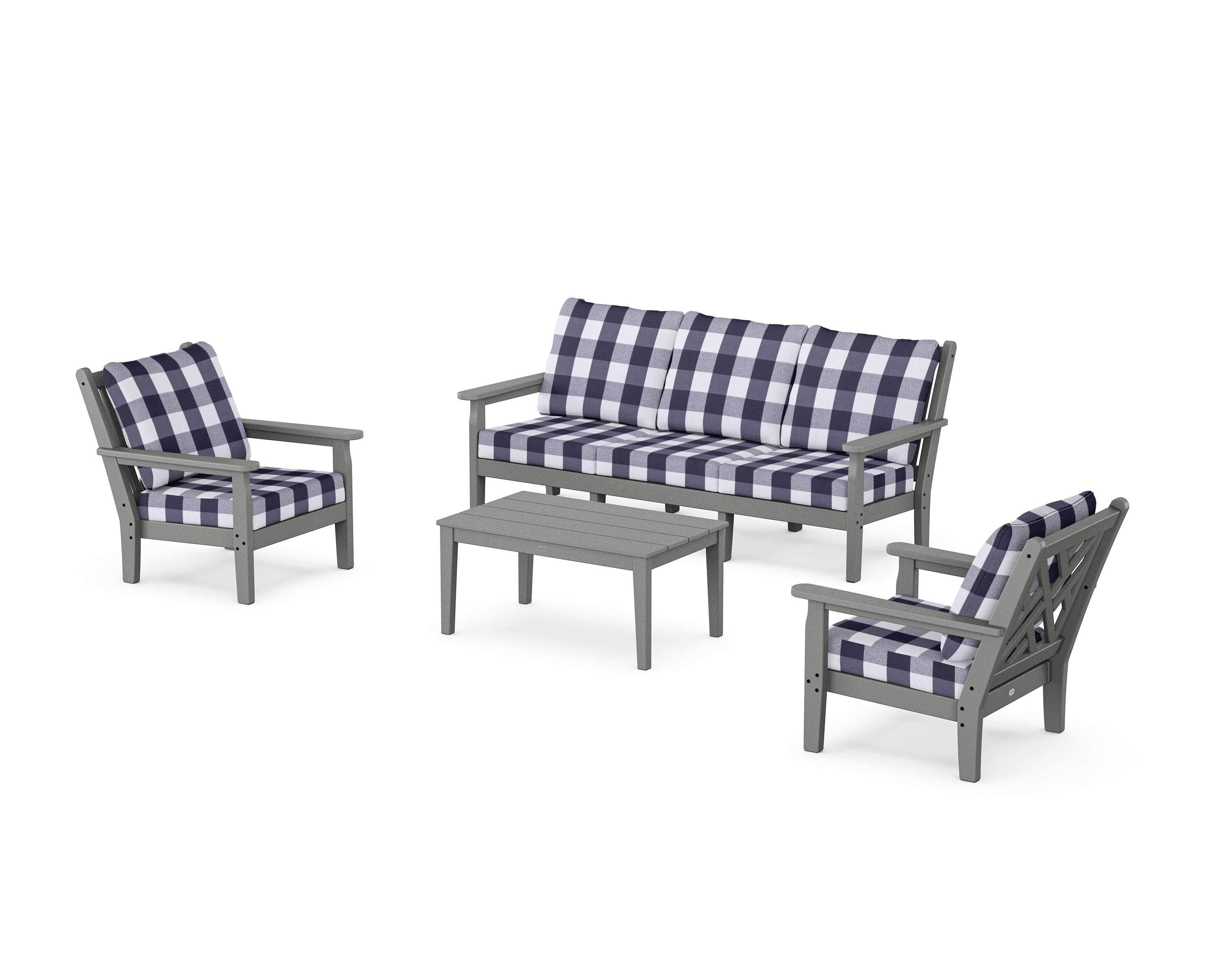 POLYWOOD® Chippendale 4-Piece Deep Seating Set with Sofa in Slate Grey / Buffalo Plaid Navy