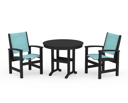 POLYWOOD® Coastal 3-Piece Round Dining Set in Black / Dupioni Aquamarine Sling
