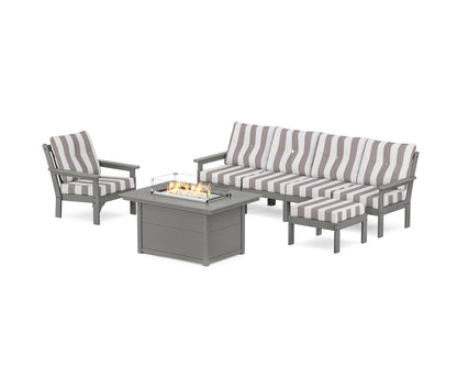 POLYWOOD® Vineyard Sectional Lounge and Fire Pit Set in Slate Grey / Cabana Stripe Grey Mist