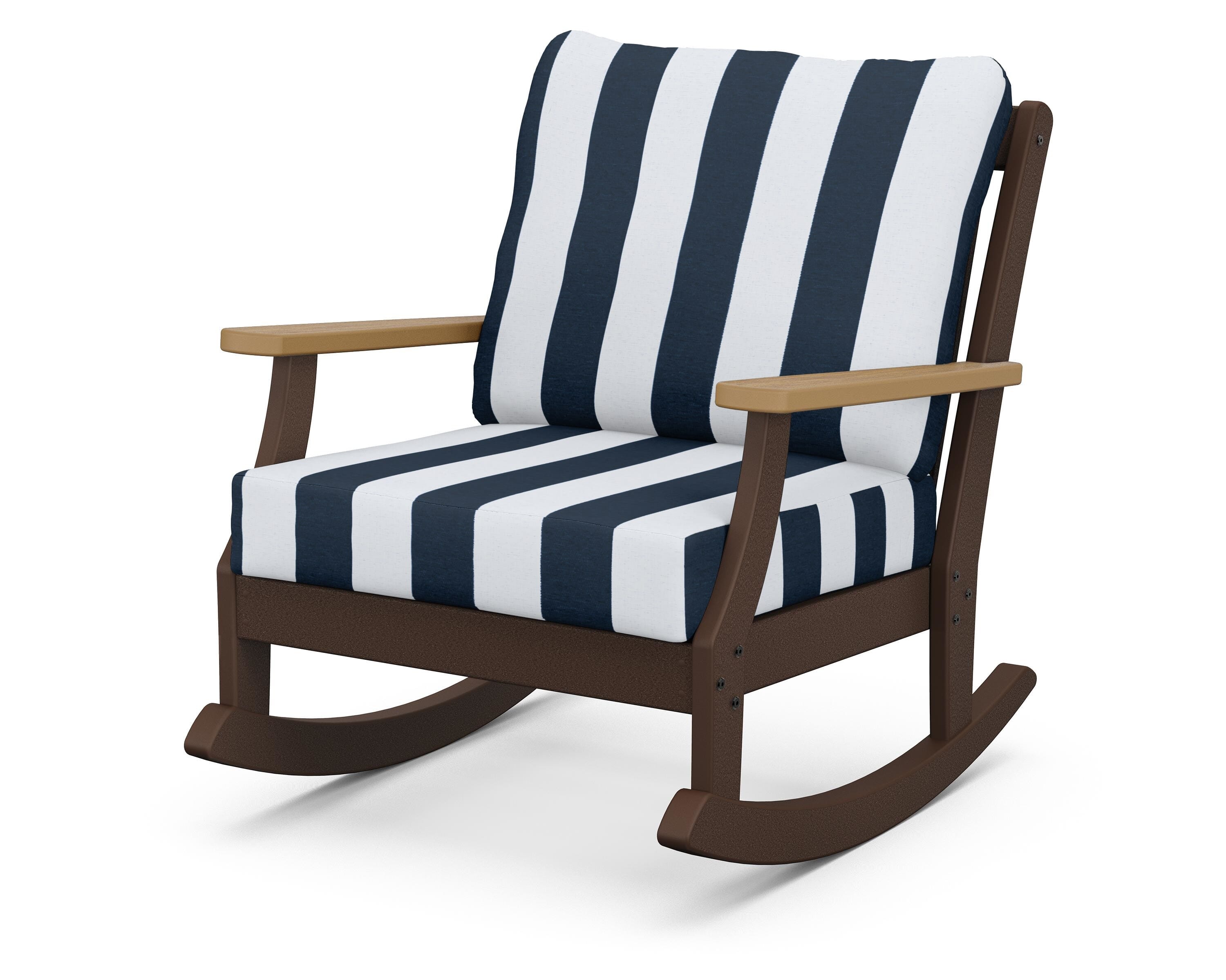 POLYWOOD® Braxton Deep Seating Rocking Chair in Mahogany / Natural / Cabana Stripe Marine Indigo
