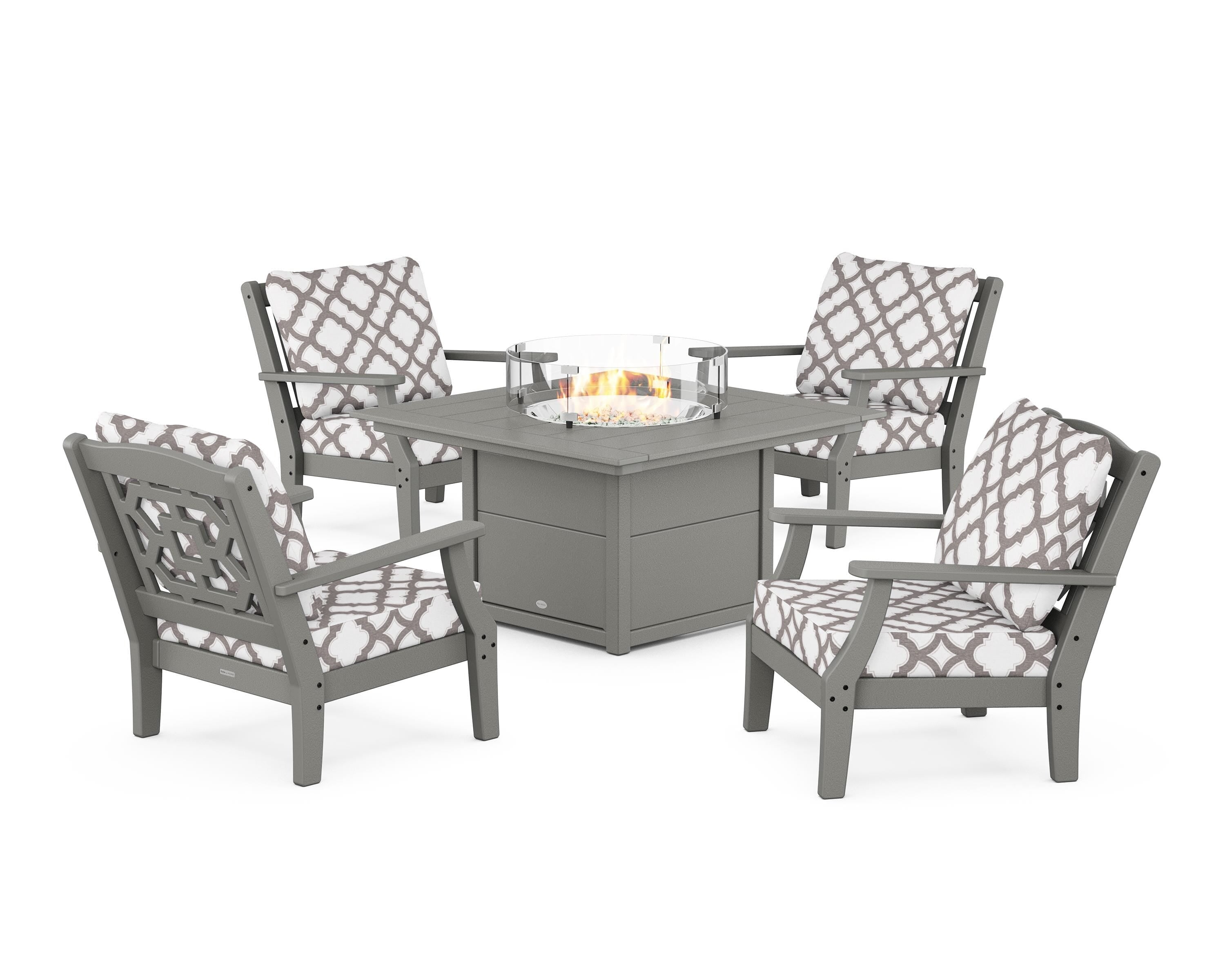 Martha Stewart by POLYWOOD® Chinoiserie 5-Piece Deep Seating Set with Fire Pit Table in Slate Grey / Trellis Grey Mist