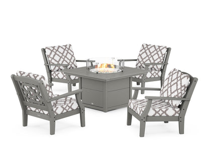 Martha Stewart by POLYWOOD® Chinoiserie 5-Piece Deep Seating Set with Fire Pit Table in Slate Grey / Trellis Grey Mist