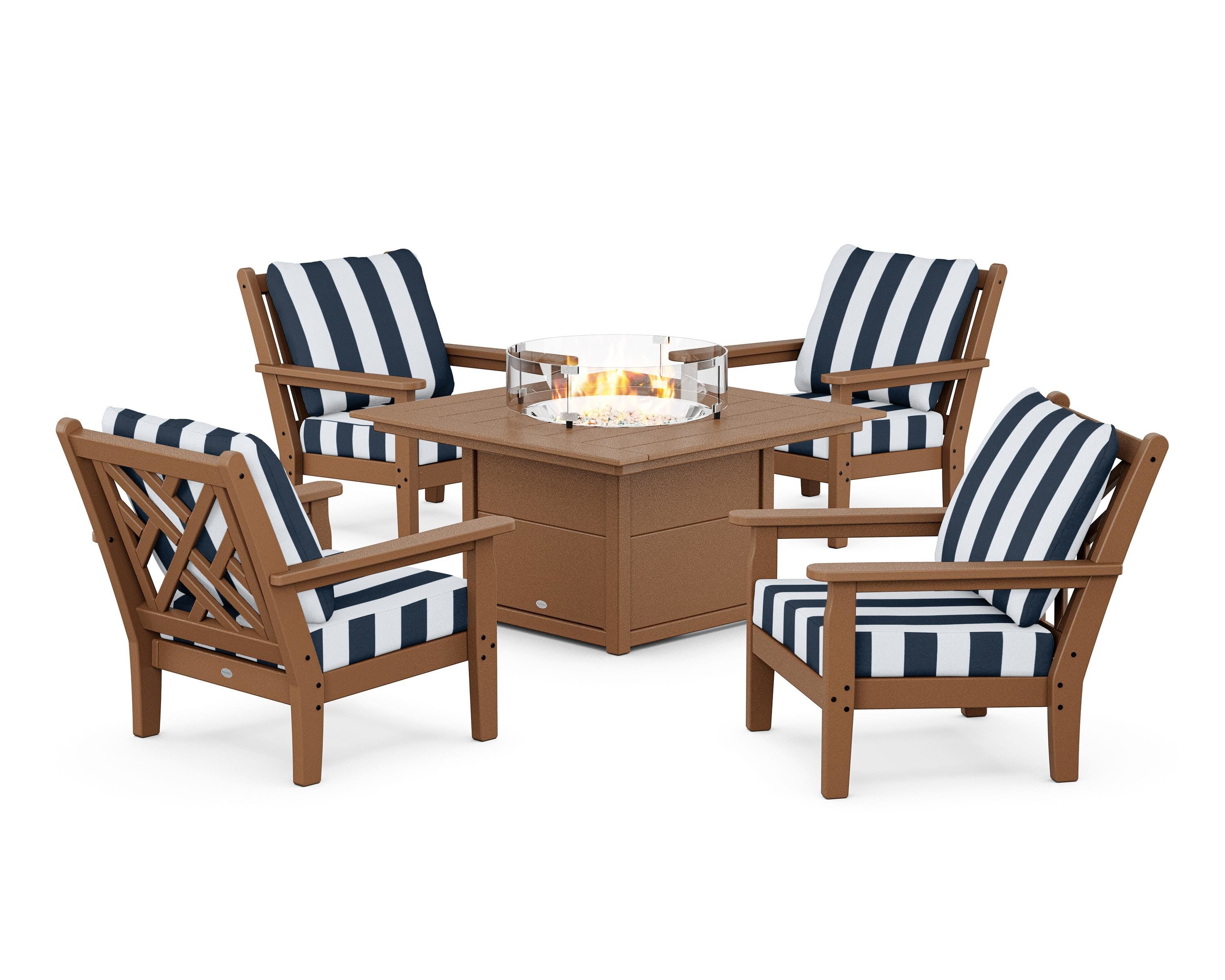 POLYWOOD® Chippendale 5-Piece Deep Seating Set with Fire Pit Table in Teak / Cabana Stripe Marine Indigo
