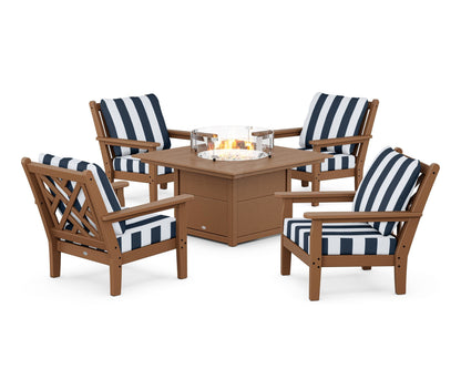 POLYWOOD® Chippendale 5-Piece Deep Seating Set with Fire Pit Table in Teak / Cabana Stripe Marine Indigo