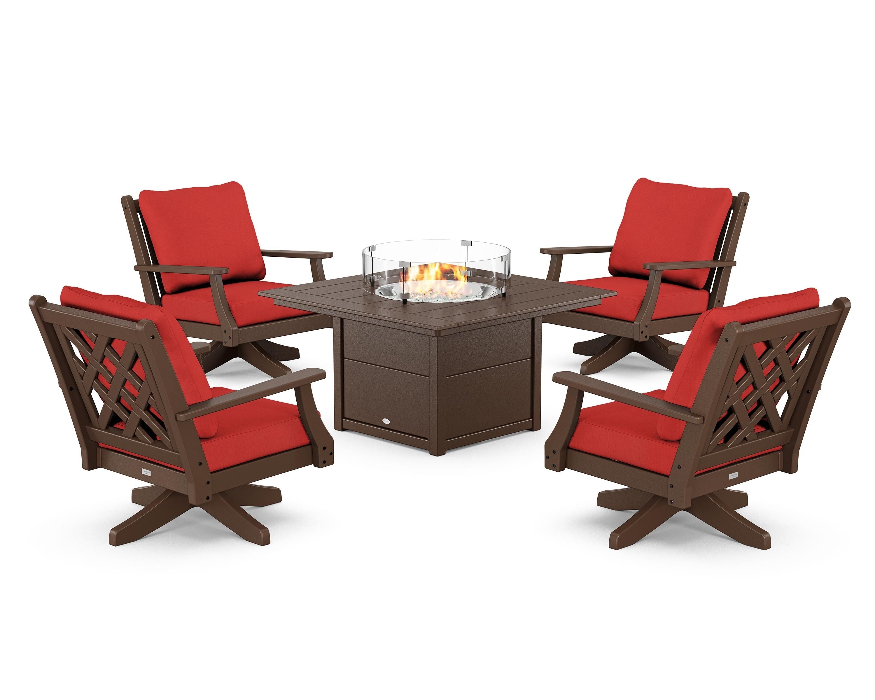 Country Living Wovendale 5-Piece Deep Seating Swivel Conversation Set with Fire Pit Table in Mahogany / Crimson Linen