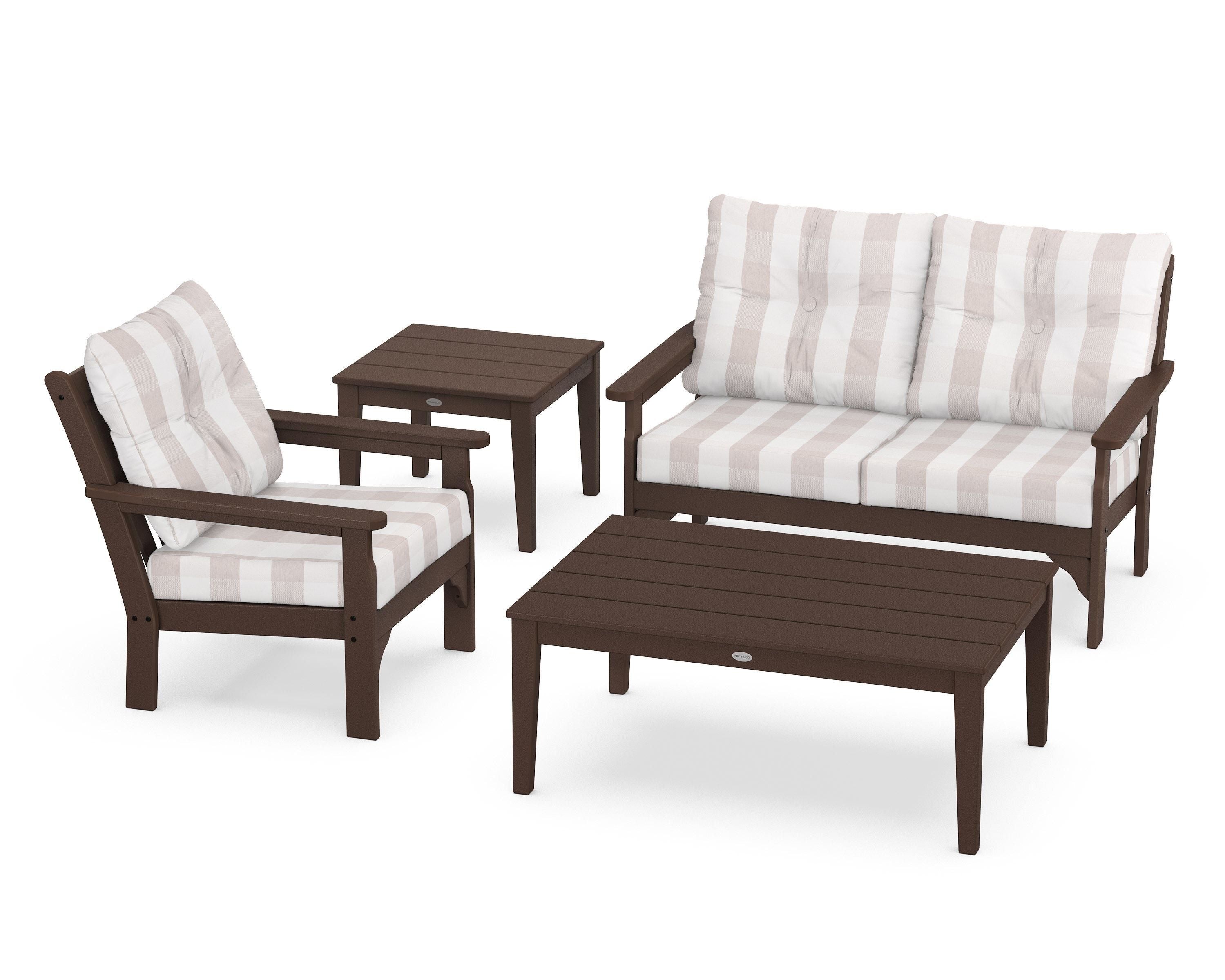 POLYWOOD® Vineyard 4-Piece Deep Seating Set in Mahogany / Buffalo Plaid Dune Burlap