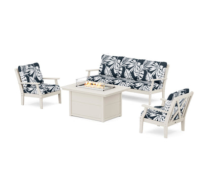 POLYWOOD® Braxton Deep Seating Fire Pit Table Set in Sand / Leaf Marine Indigo