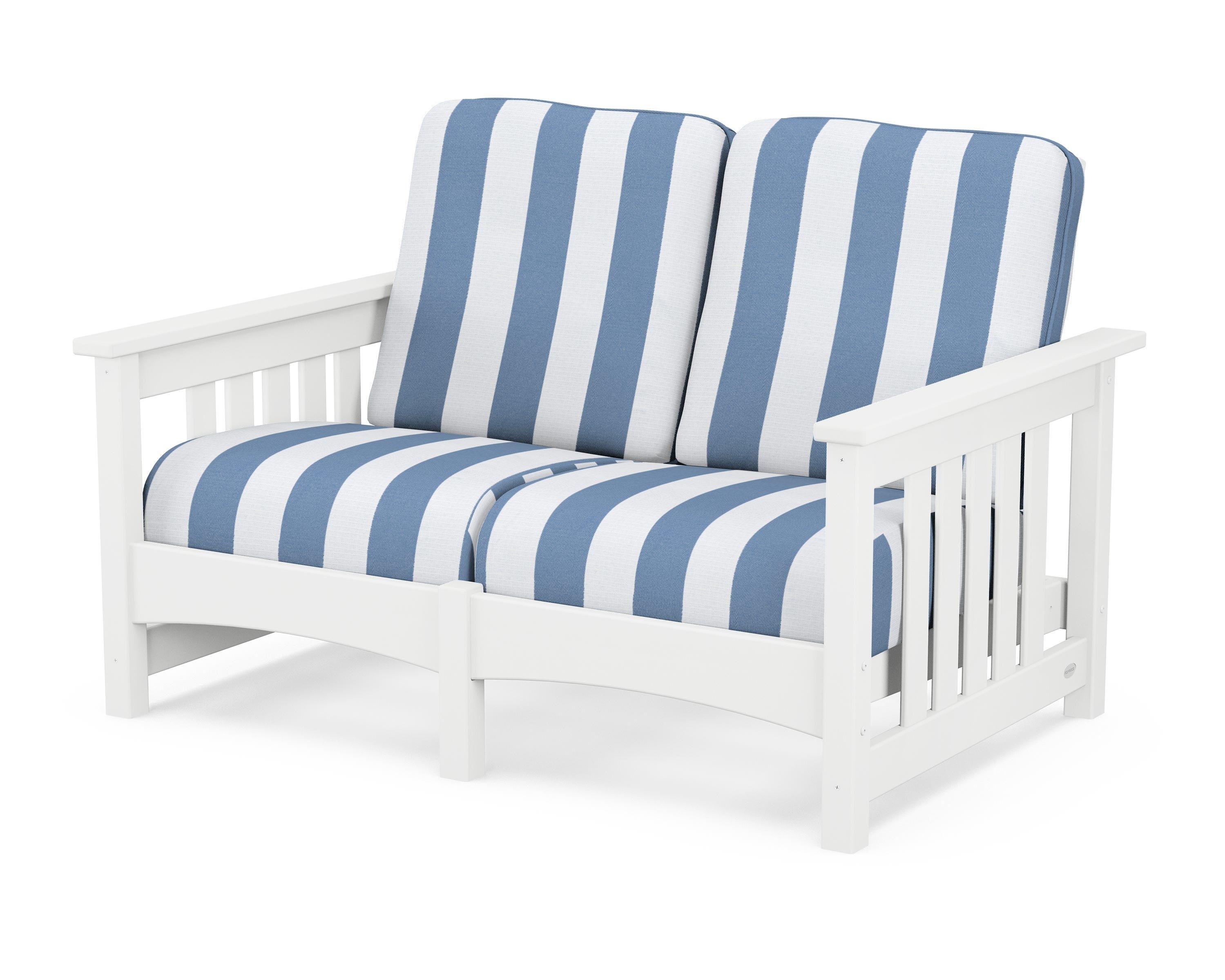 POLYWOOD® Club Mission Loveseat in White / Cabana Stripe Sky Blue