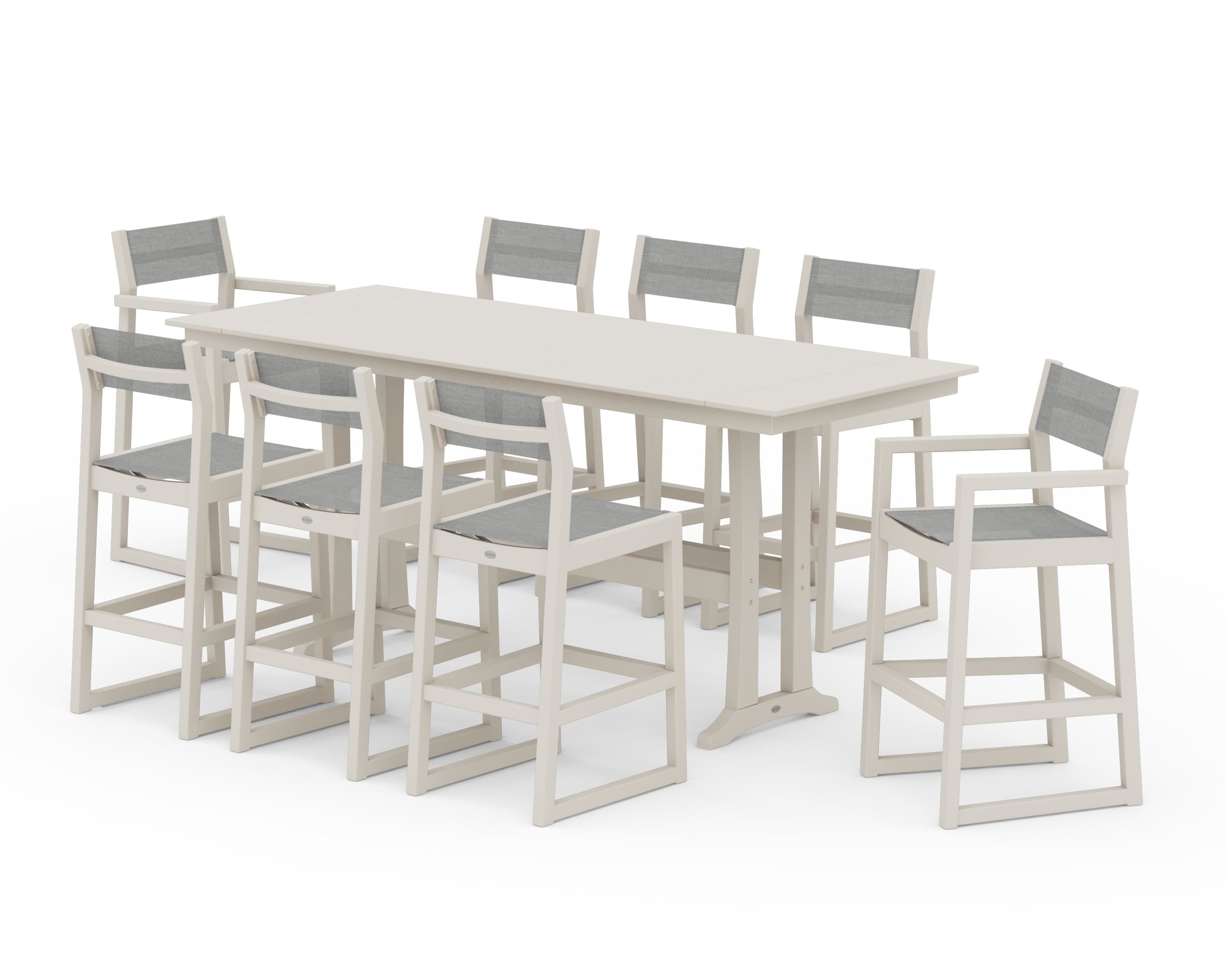 POLYWOOD® EDGE Sling 9-Piece Farmhouse Bar Set with Trestle Legs in Sand / Metallic Sling
