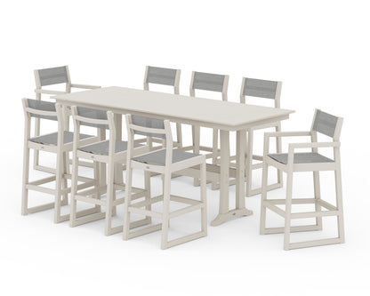 POLYWOOD® EDGE Sling 9-Piece Farmhouse Bar Set with Trestle Legs in Sand / Metallic Sling