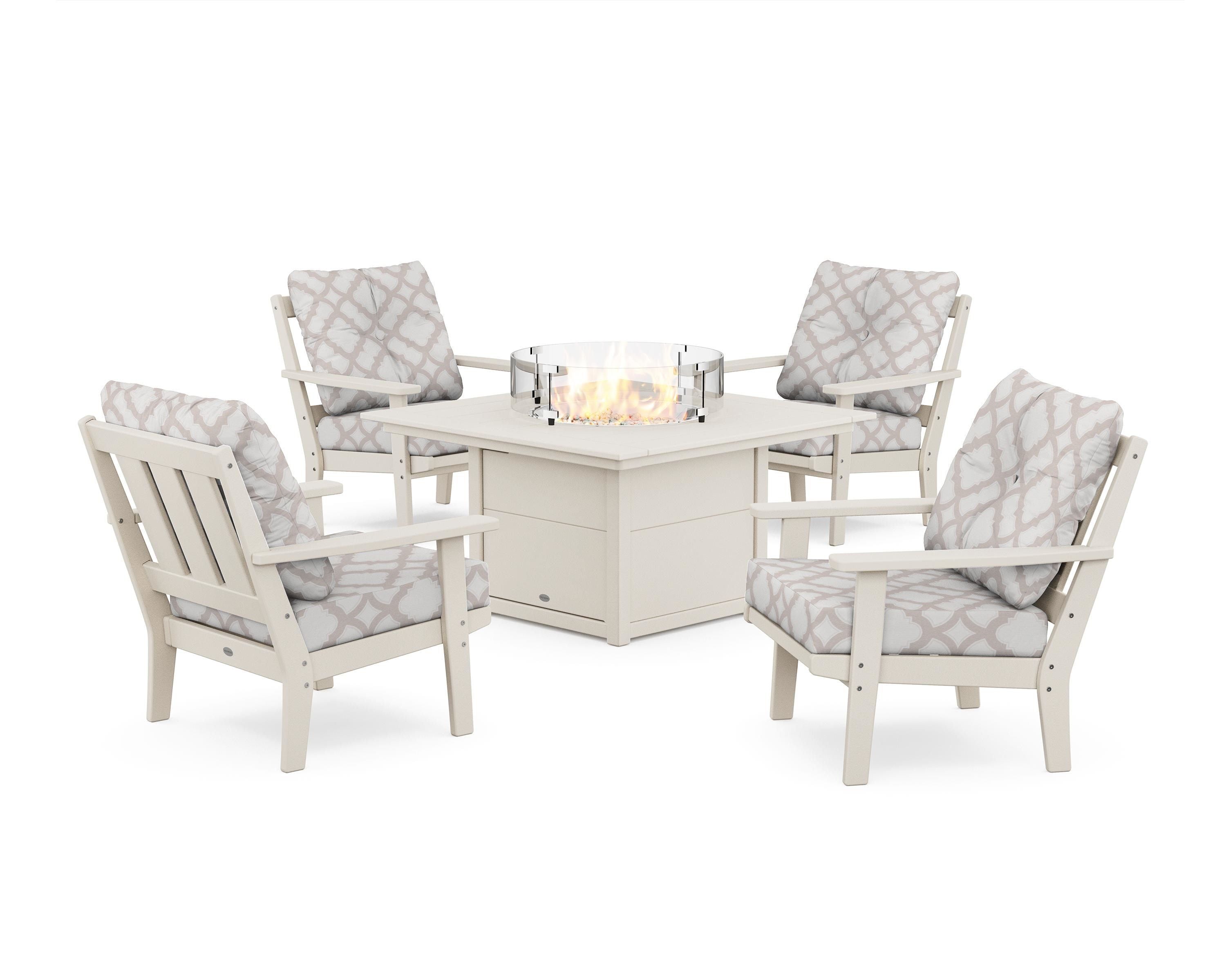 POLYWOOD® Oxford 5-Piece Deep Seating Set with Fire Pit Table in Sand / Trellis Dune Burlap
