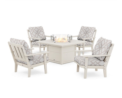 POLYWOOD® Oxford 5-Piece Deep Seating Set with Fire Pit Table in Sand / Trellis Dune Burlap