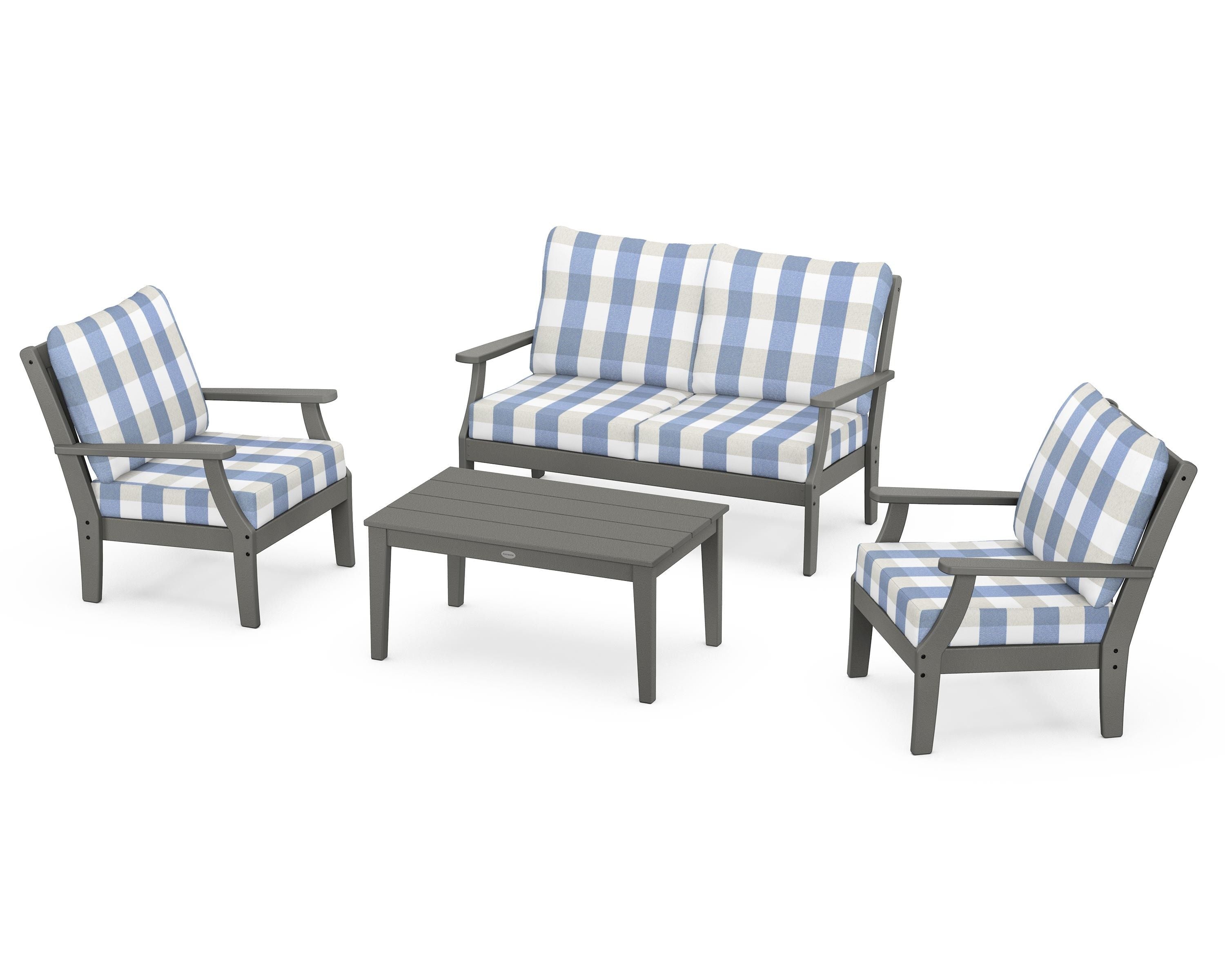 POLYWOOD® Braxton 4-Piece Deep Seating Chair Set in Slate Grey / Buffalo Plaid Sky Blue