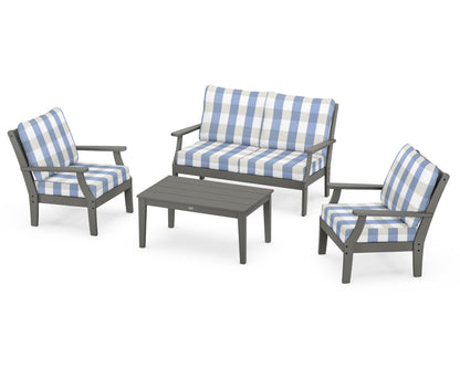 POLYWOOD® Braxton 4-Piece Deep Seating Chair Set in Slate Grey / Buffalo Plaid Sky Blue