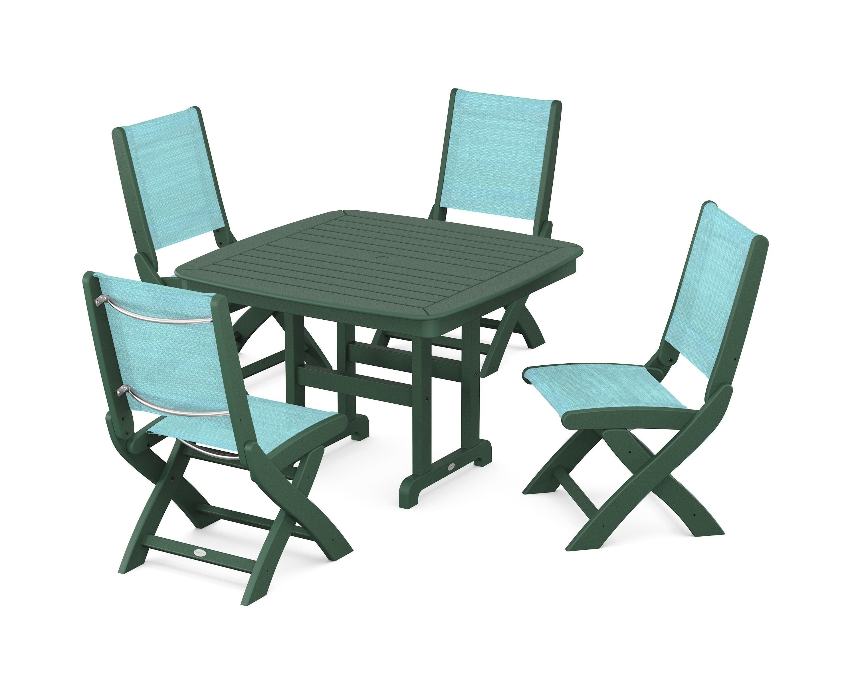 POLYWOOD® Coastal Folding Side Chair 5-Piece Dining Set in Green / Dupioni Aquamarine Sling