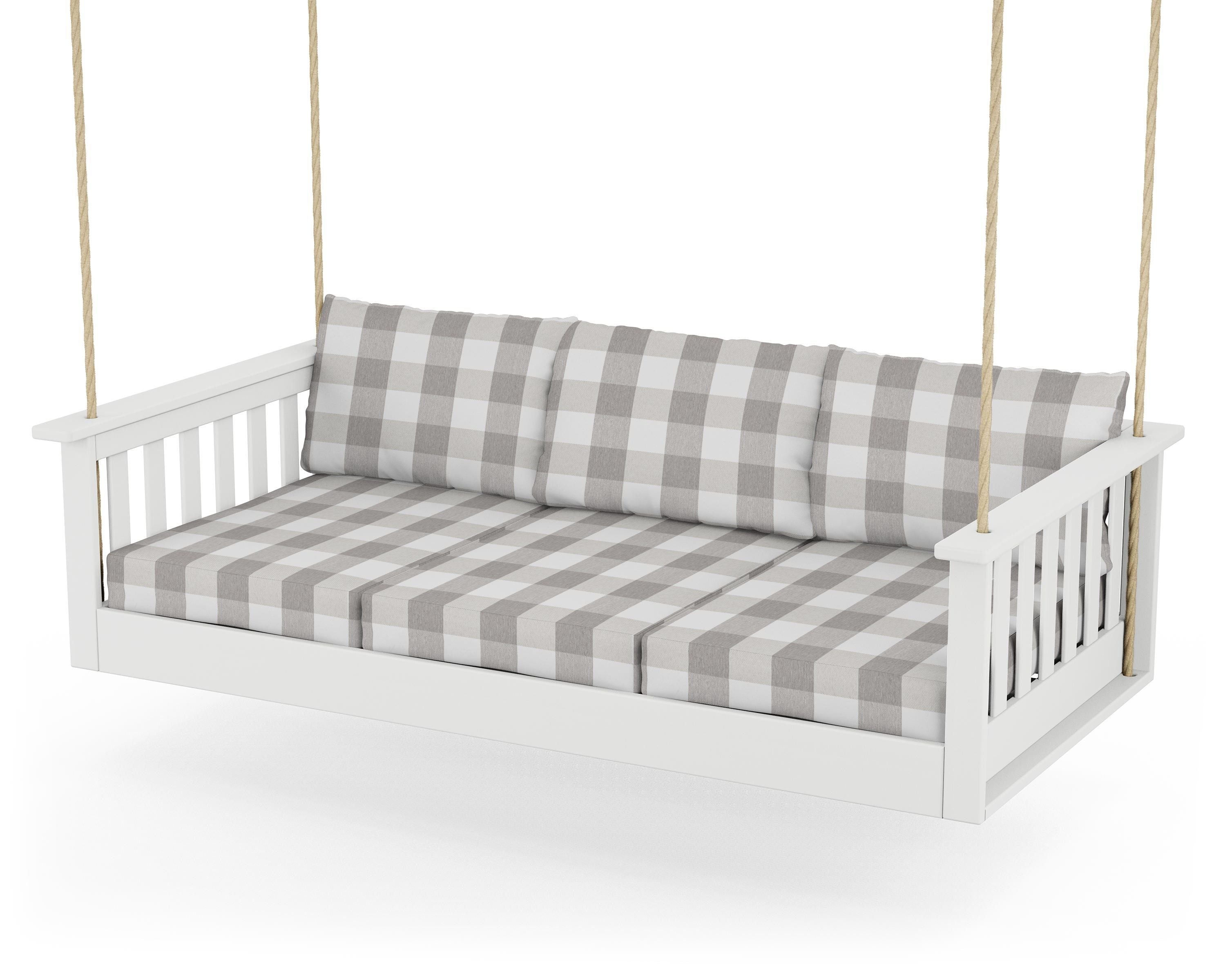 POLYWOOD® Vineyard Daybed Swing in White / Buffalo Plaid Grey Mist