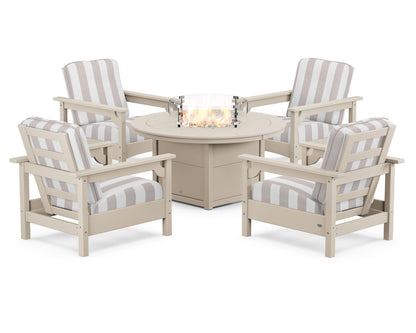 POLYWOOD® Club 5-Piece Conversation Set with Fire Pit Table in Sand / Cabana Stripe Dune Burlap