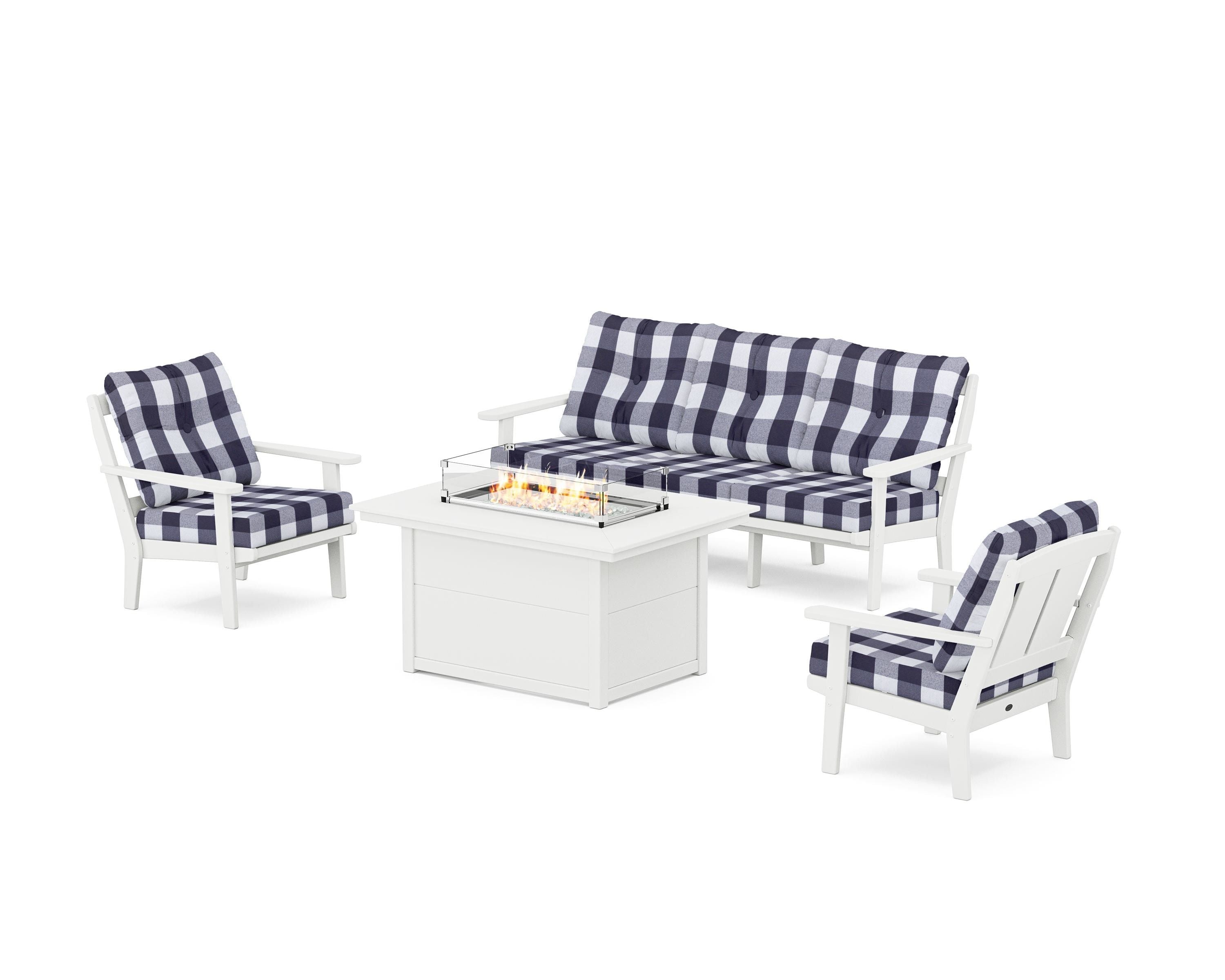 POLYWOOD® Mission Deep Seating Fire Pit Table Set in White / Buffalo Plaid Navy