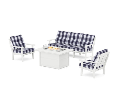 POLYWOOD® Mission Deep Seating Fire Pit Table Set in White / Buffalo Plaid Navy