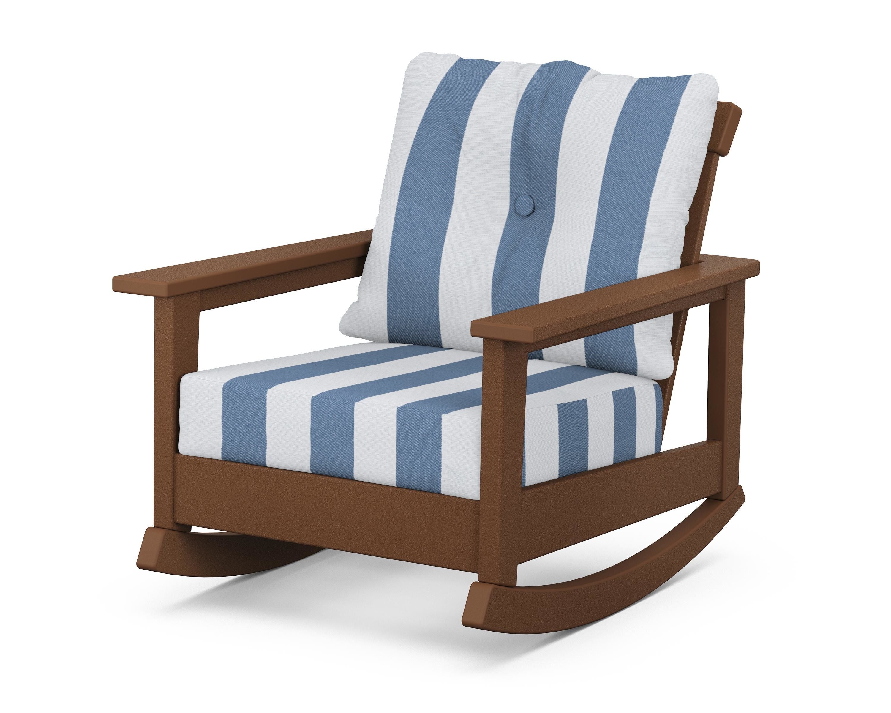 POLYWOOD® Prescott Deep Seating Rocking Chair in Teak / Cabana Stripe Sky Blue