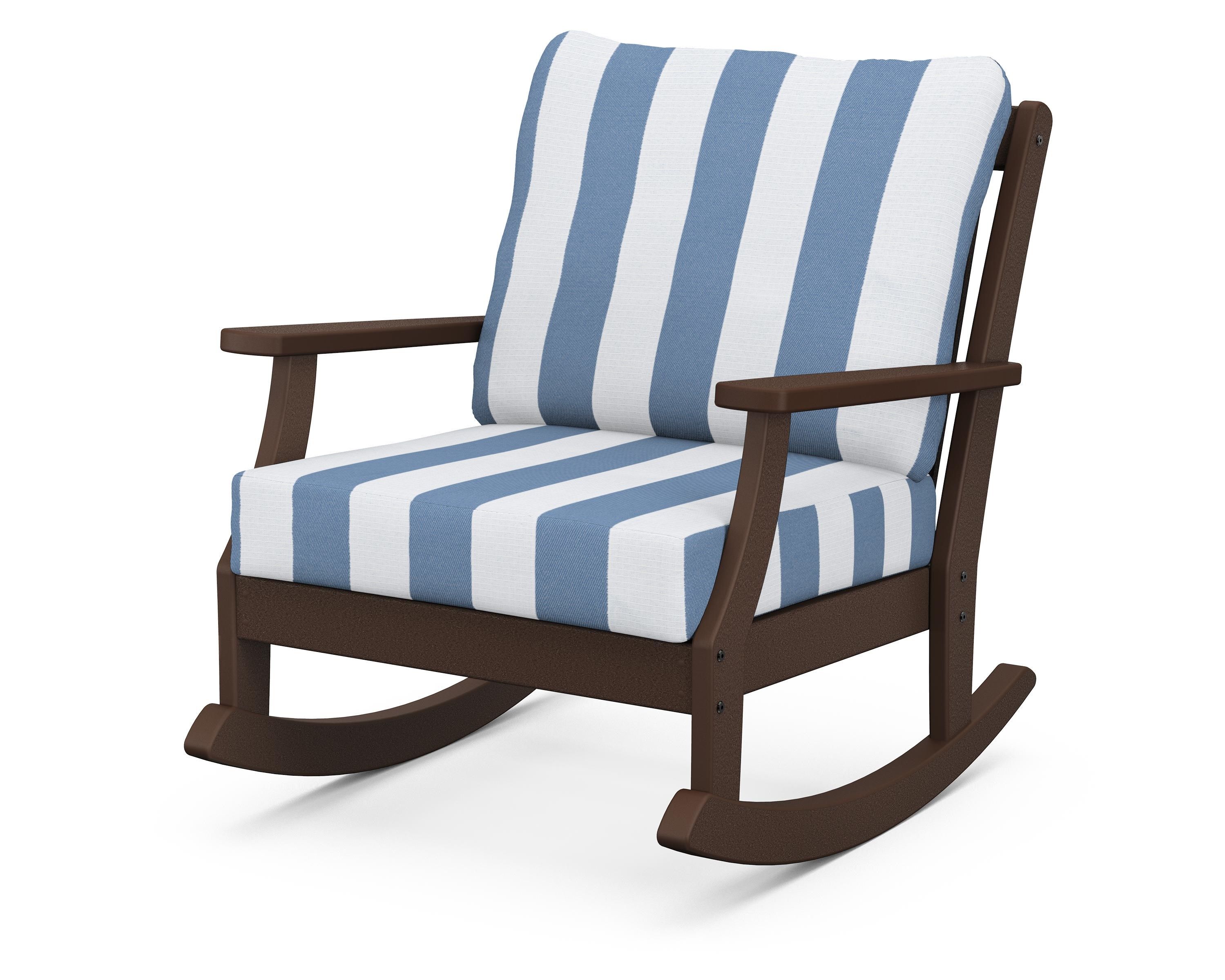 POLYWOOD® Braxton Deep Seating Rocking Chair in Mahogany / Cabana Stripe Sky Blue