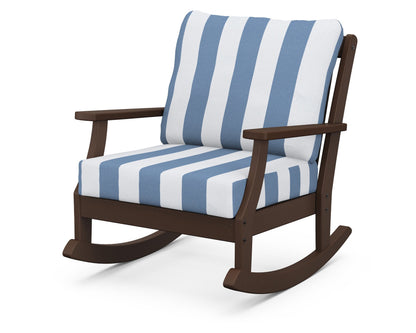 POLYWOOD® Braxton Deep Seating Rocking Chair in Mahogany / Cabana Stripe Sky Blue