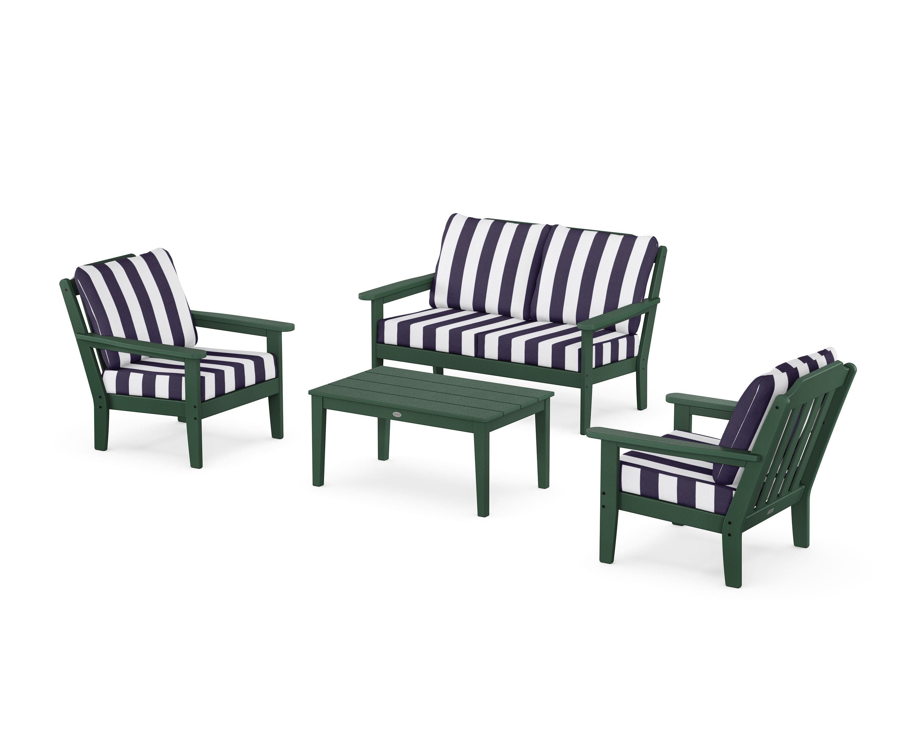 Country Living Cottage 4-Piece Deep Seating Set with Loveseat in Green / Cabana Stripe Navy