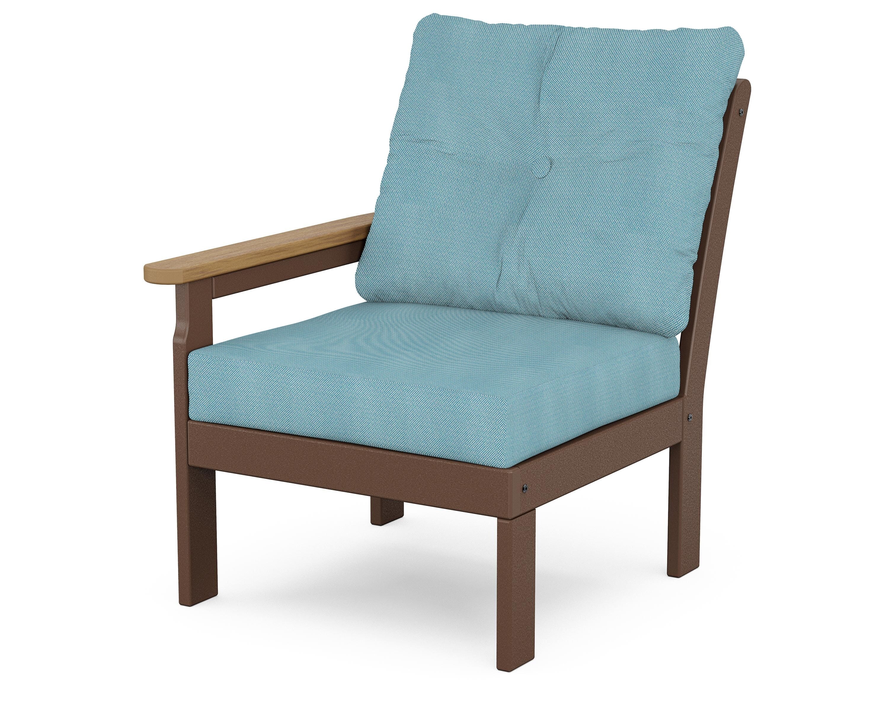 POLYWOOD® Vineyard Modular Left Arm Chair in Mahogany / Natural / Lattice Sky Blue