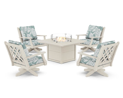 Country Living Wovendale 5-Piece Deep Seating Swivel Conversation Set with Fire Pit Table in Sand / Leaf Glacier Spa