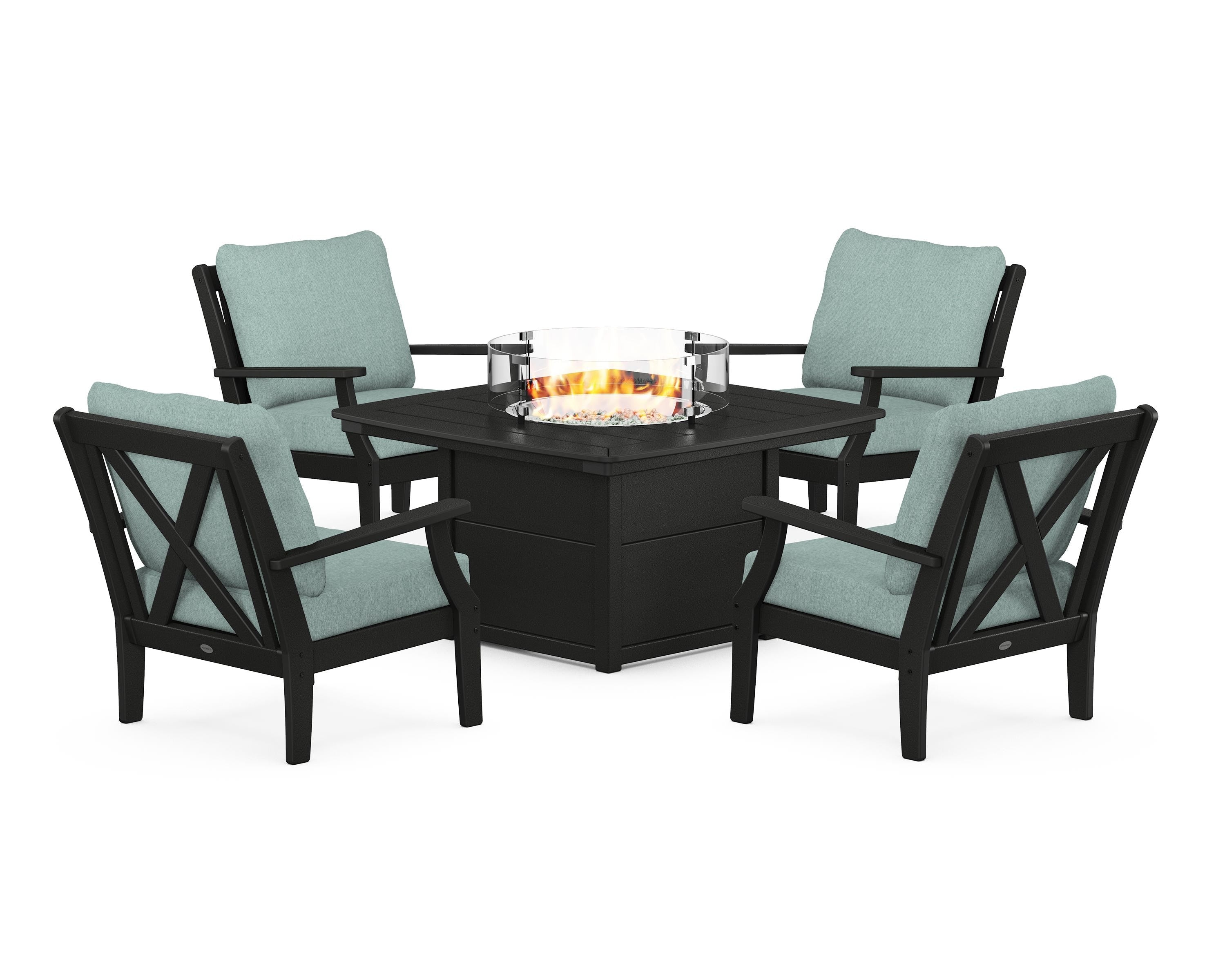 POLYWOOD® Braxton 5-Piece Deep Seating Conversation Set with Fire Pit Table in Black / Glacier Spa
