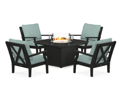 POLYWOOD® Braxton 5-Piece Deep Seating Conversation Set with Fire Pit Table in Black / Glacier Spa
