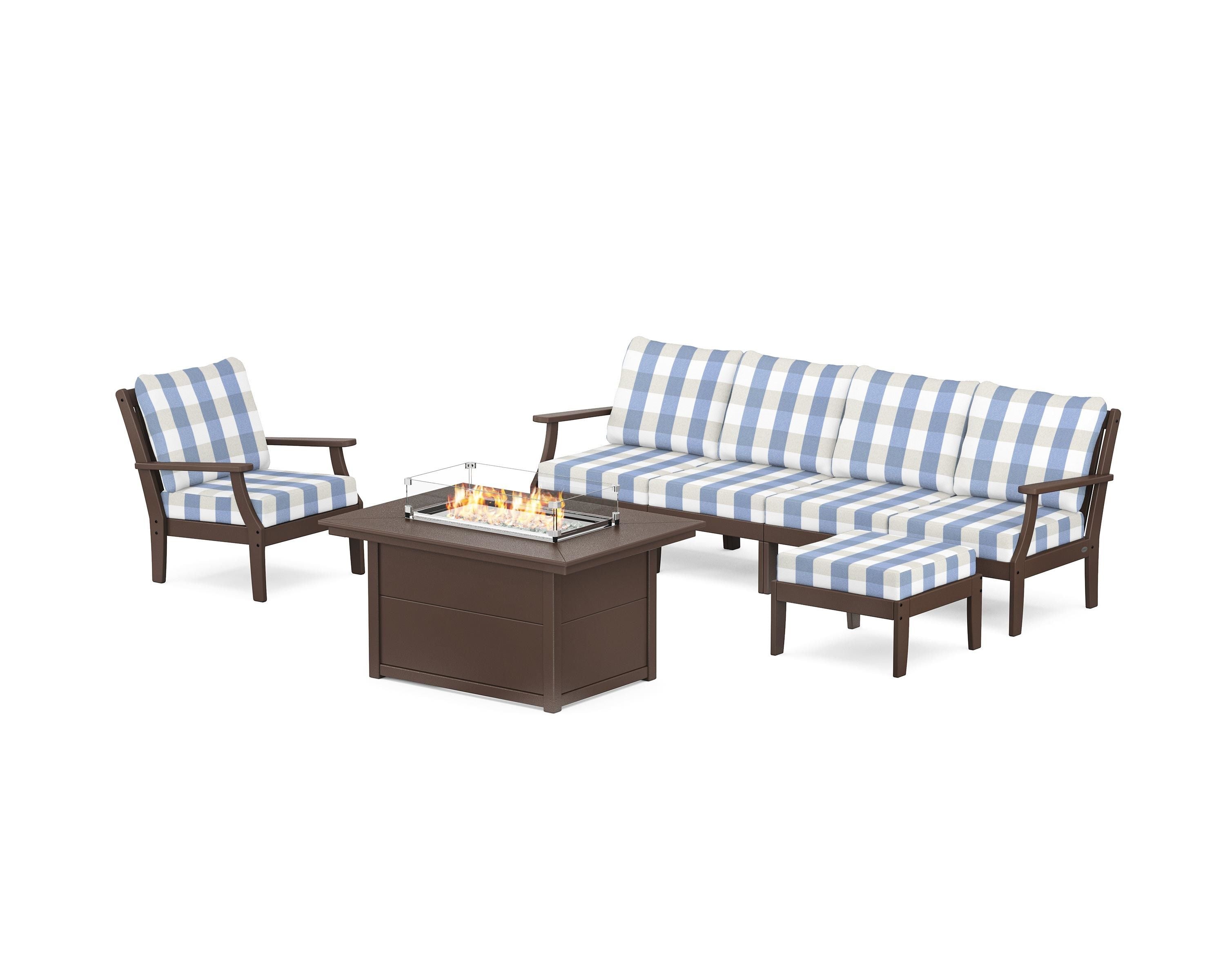 POLYWOOD® Braxton Sectional Lounge and Fire Pit Set in Mahogany / Buffalo Plaid Sky Blue