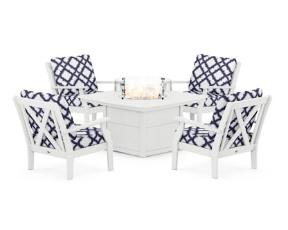 POLYWOOD® Braxton 5-Piece Deep Seating Conversation Set with Fire Pit Table in White / Trellis Navy