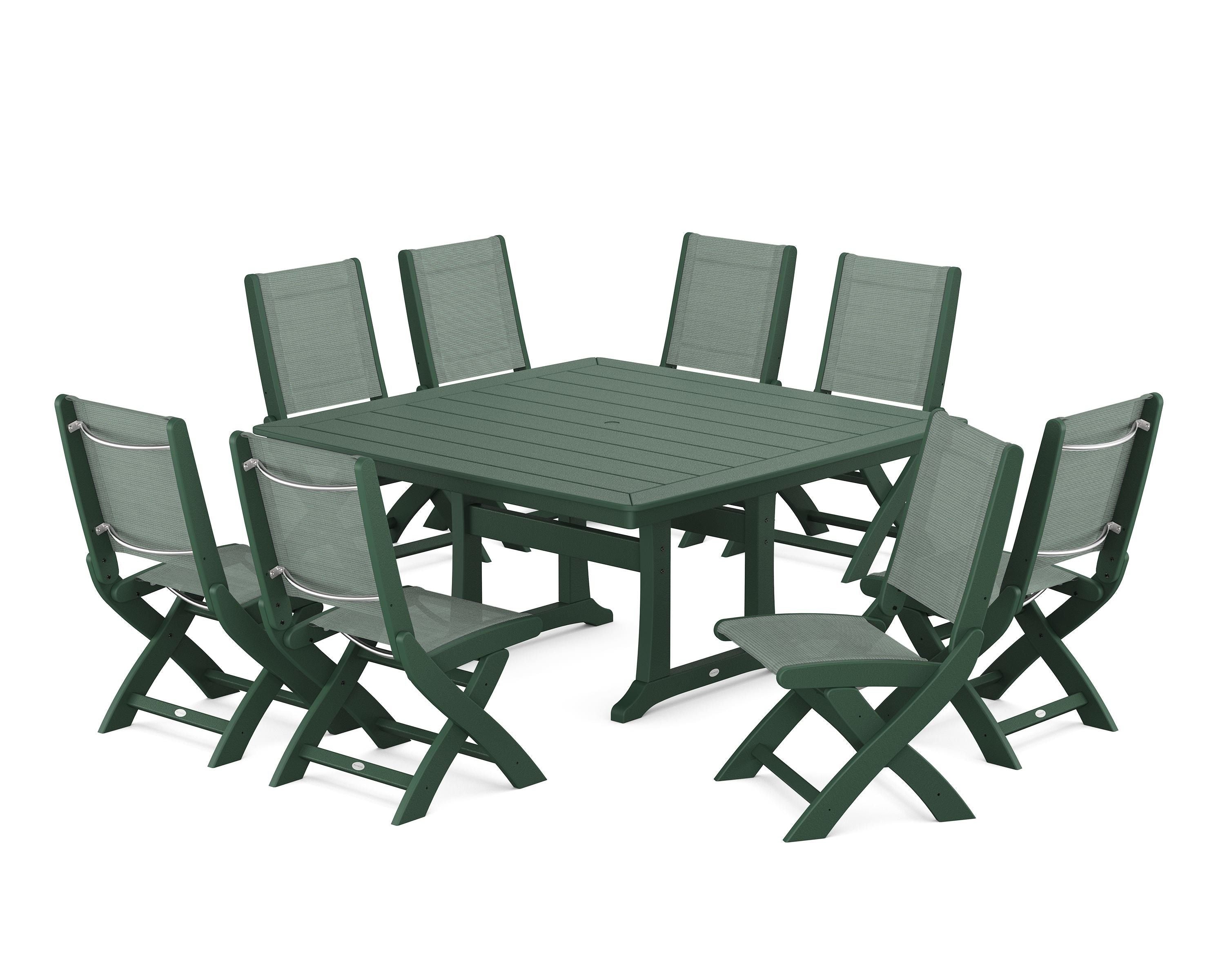 POLYWOOD® Coastal Folding Side Chair 9-Piece Dining Set with Trestle Legs in Green / Dupioni Sea Mist Sling