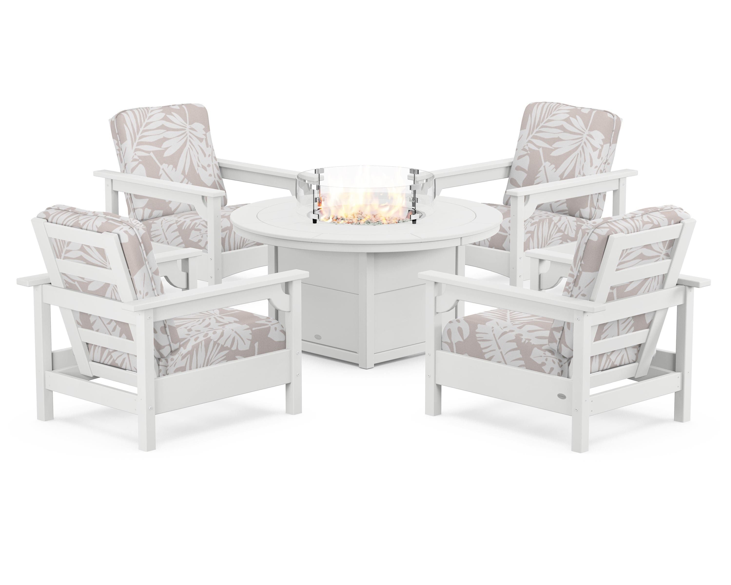 POLYWOOD® Club 5-Piece Conversation Set with Fire Pit Table in White / Leaf Dune Burlap