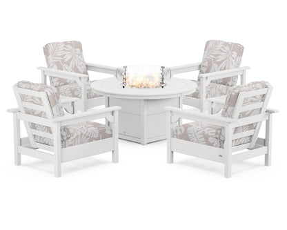 POLYWOOD® Club 5-Piece Conversation Set with Fire Pit Table in White / Leaf Dune Burlap