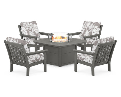 POLYWOOD® Vineyard 5-Piece Conversation Set with Fire Pit Table in Slate Grey / Leaf Grey Mist