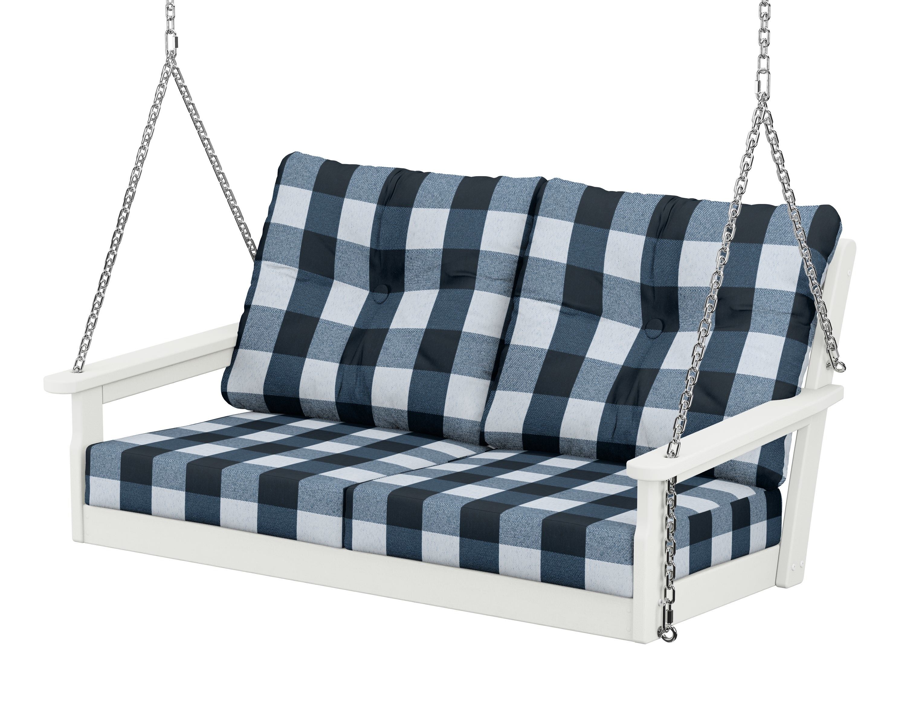 POLYWOOD® Vineyard Deep Seating Swing in Vintage White / Buffalo Plaid Marine Indigo