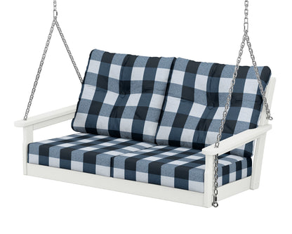POLYWOOD® Vineyard Deep Seating Swing in Vintage White / Buffalo Plaid Marine Indigo