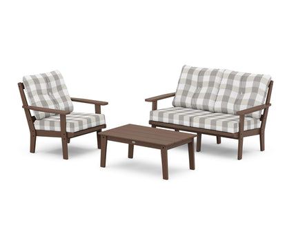 POLYWOOD® Prairie 3-Piece Deep Seating Set with Loveseat in Mahogany / Buffalo Plaid Grey Mist