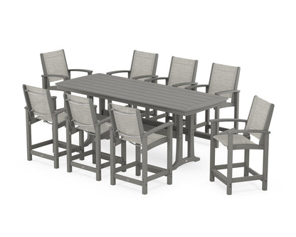 POLYWOOD® Coastal 9-Piece Counter Set with Trestle Legs in Slate Grey / Birch Sling