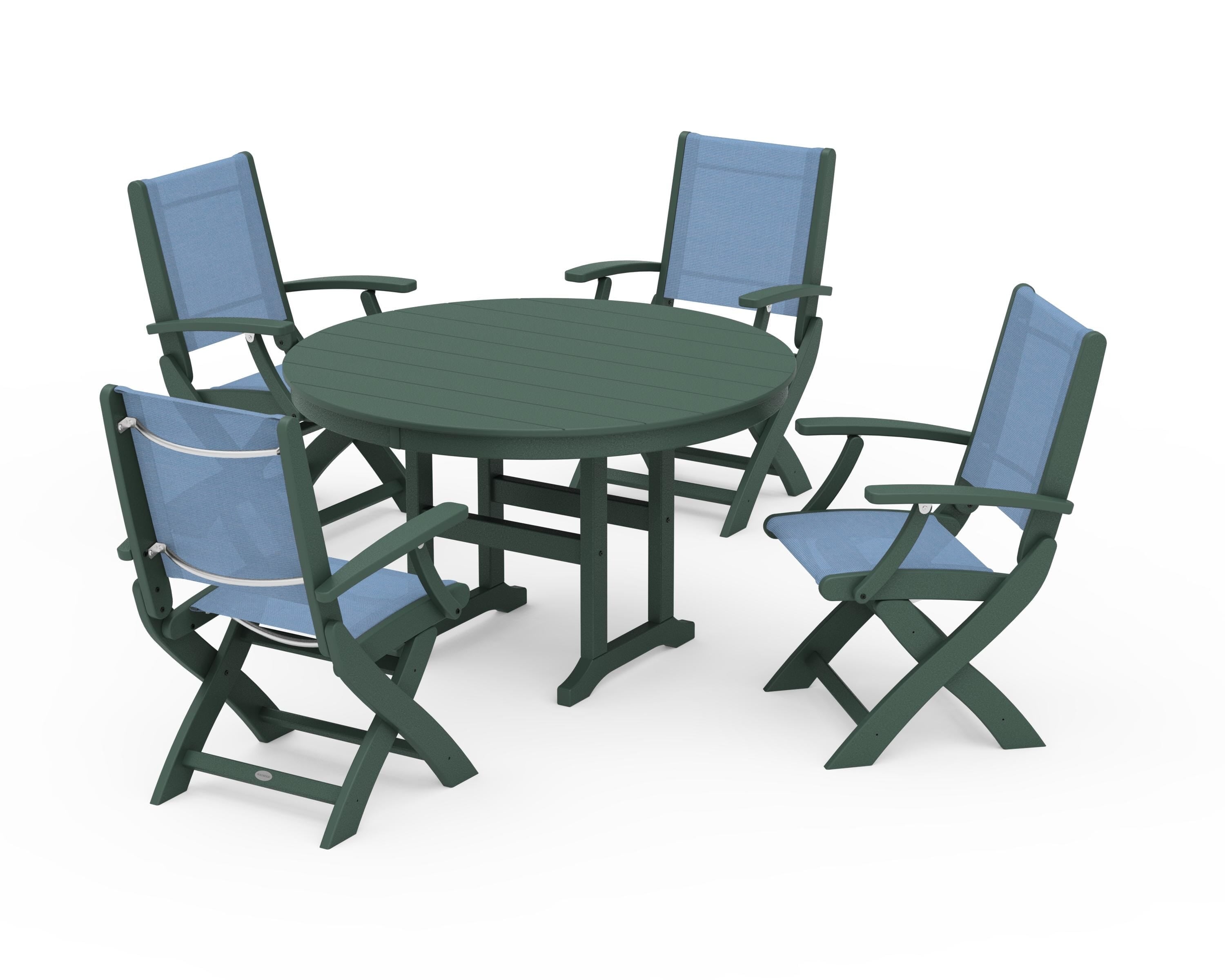POLYWOOD® Coastal Folding Chair 5-Piece Round Dining Set in Green / Poolside Sling