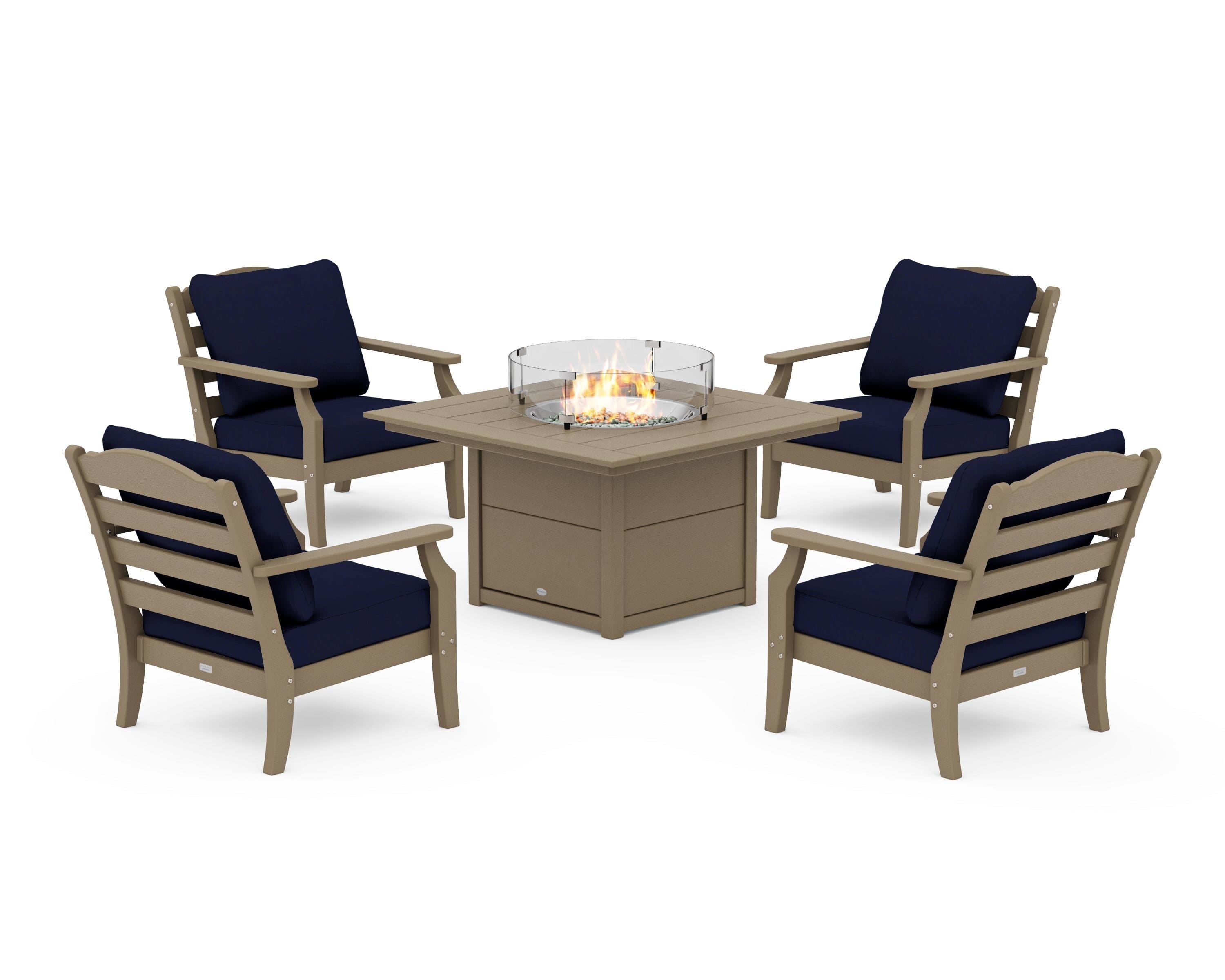 Draper James™ by  POLYWOOD® Savannah 5-Piece Deep Seating Set with Fire Pit Table in Vintage Sahara / Navy