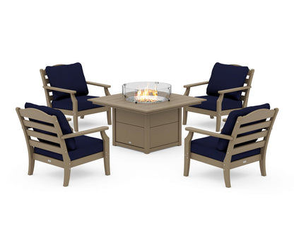 Draper James™ by  POLYWOOD® Savannah 5-Piece Deep Seating Set with Fire Pit Table in Vintage Sahara / Navy
