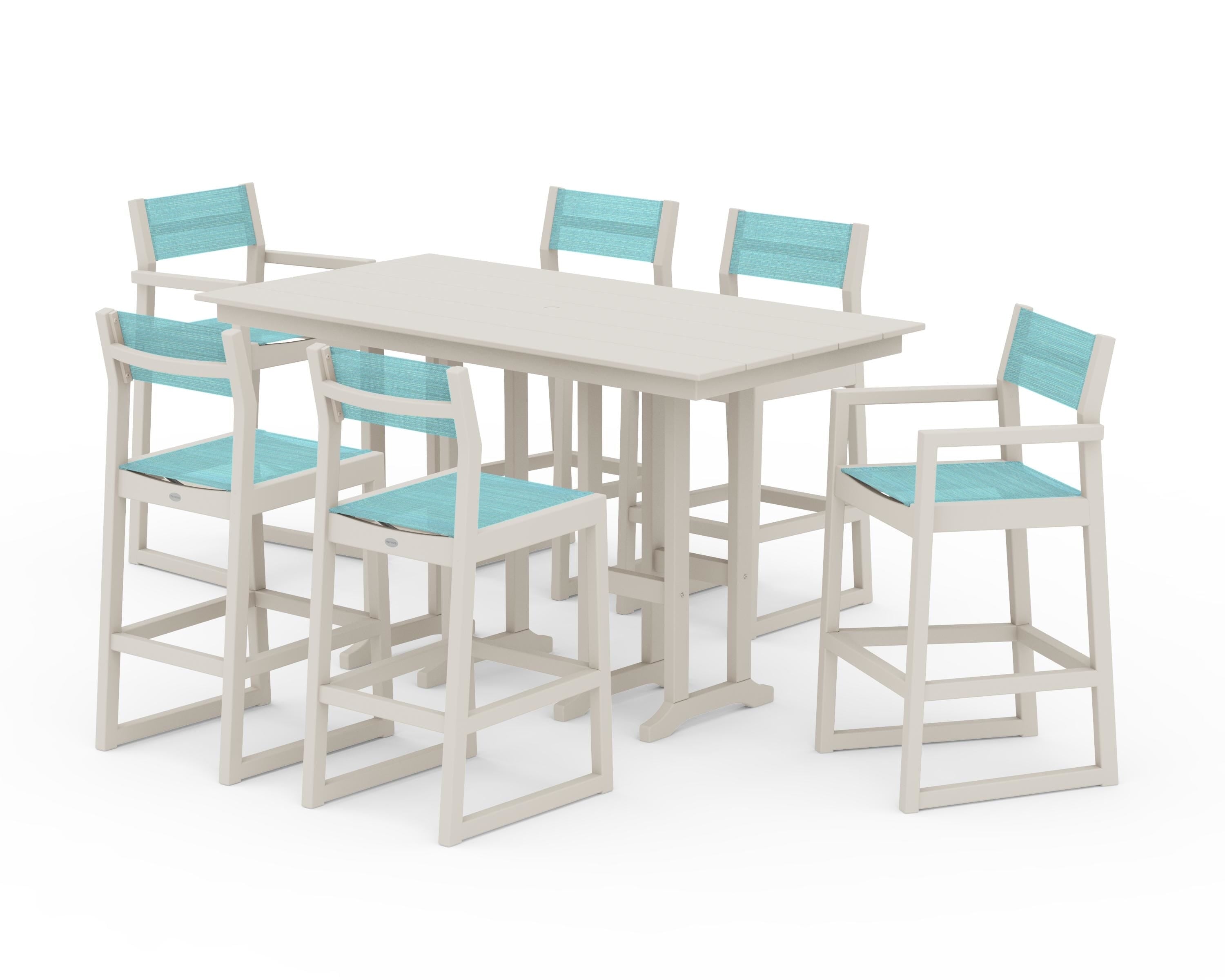 POLYWOOD® EDGE Sling 7-Piece Farmhouse Bar Set in Sand / Dupioni Aquamarine Sling