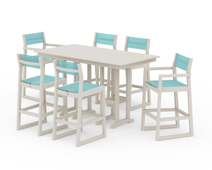 POLYWOOD® EDGE Sling 7-Piece Farmhouse Bar Set in Sand / Dupioni Aquamarine Sling