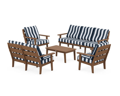 POLYWOOD® Lakeside 5-Piece Lounge Sofa Set in Teak / Cabana Stripe Marine Indigo