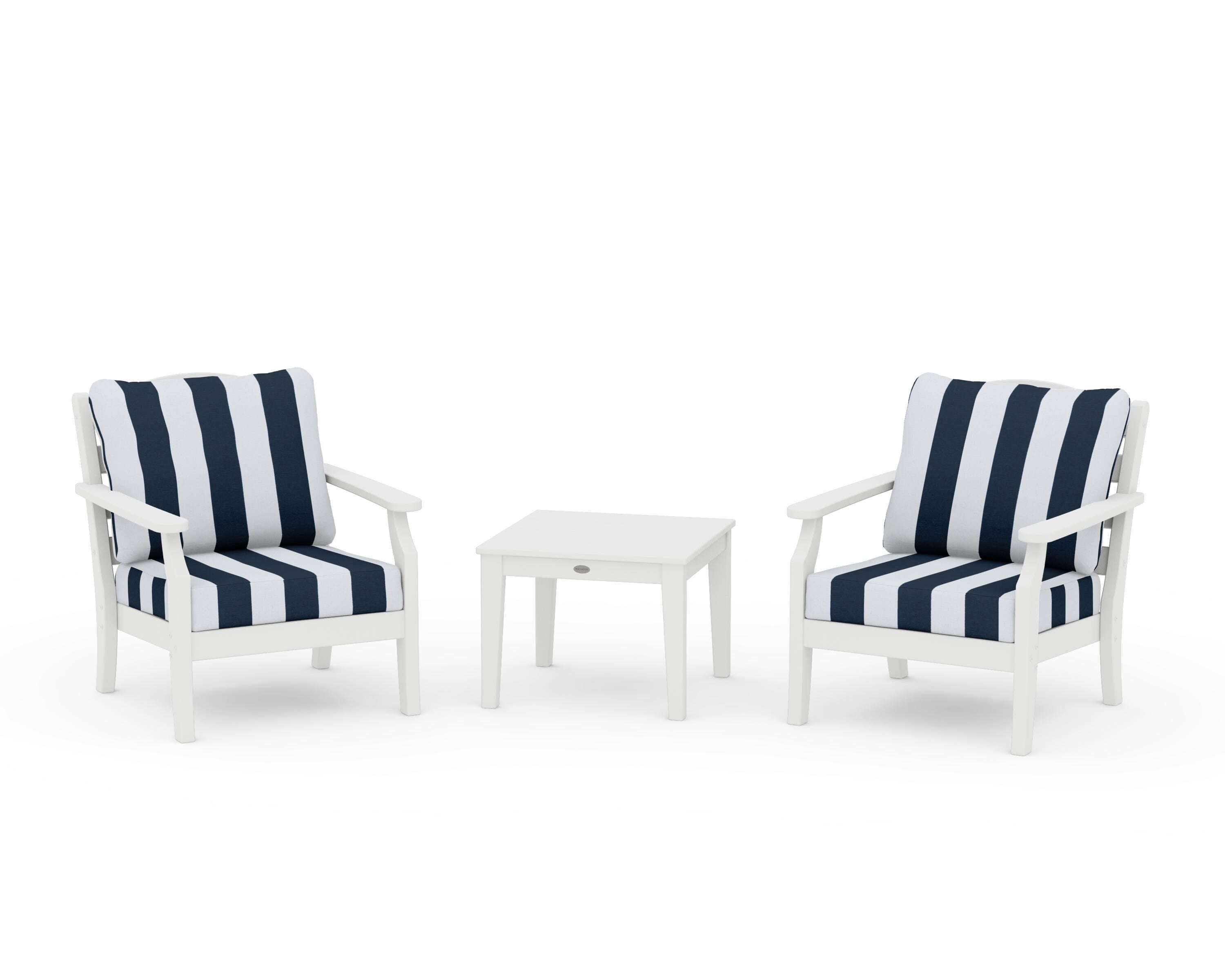Draper James™ by  POLYWOOD® Savannah 3-Piece Deep Seating Set in White / Cabana Stripe Marine Indigo